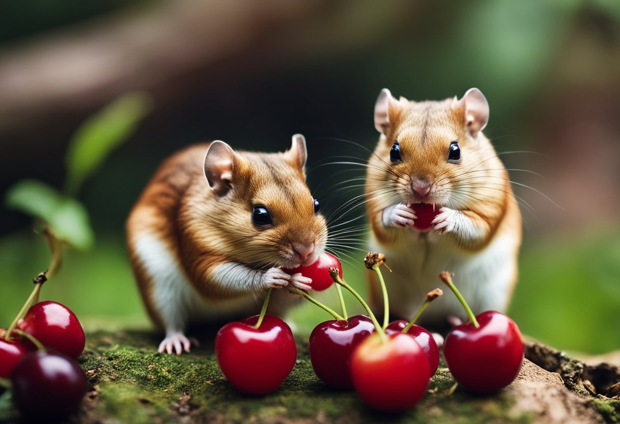Gerbils nibble on cherries, their tiny paws holding the fruit as they munch on the juicy flesh