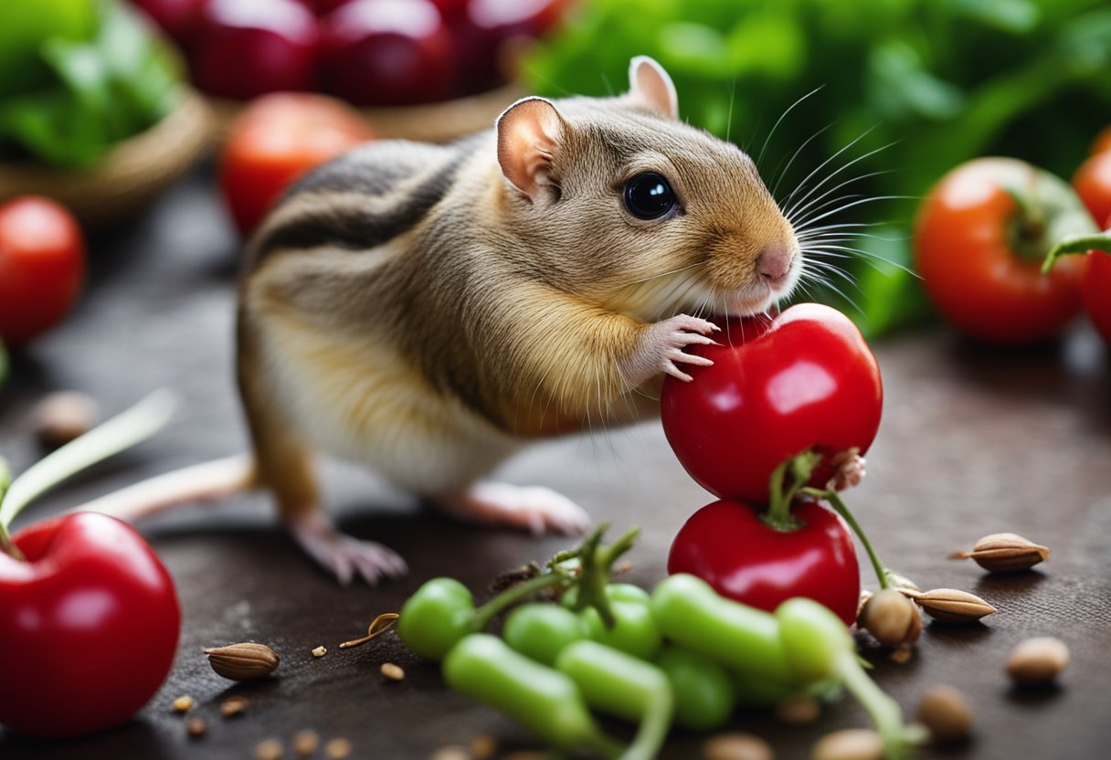 A gerbil eagerly nibbles on a cherry, surrounded by a variety of fresh vegetables and seeds