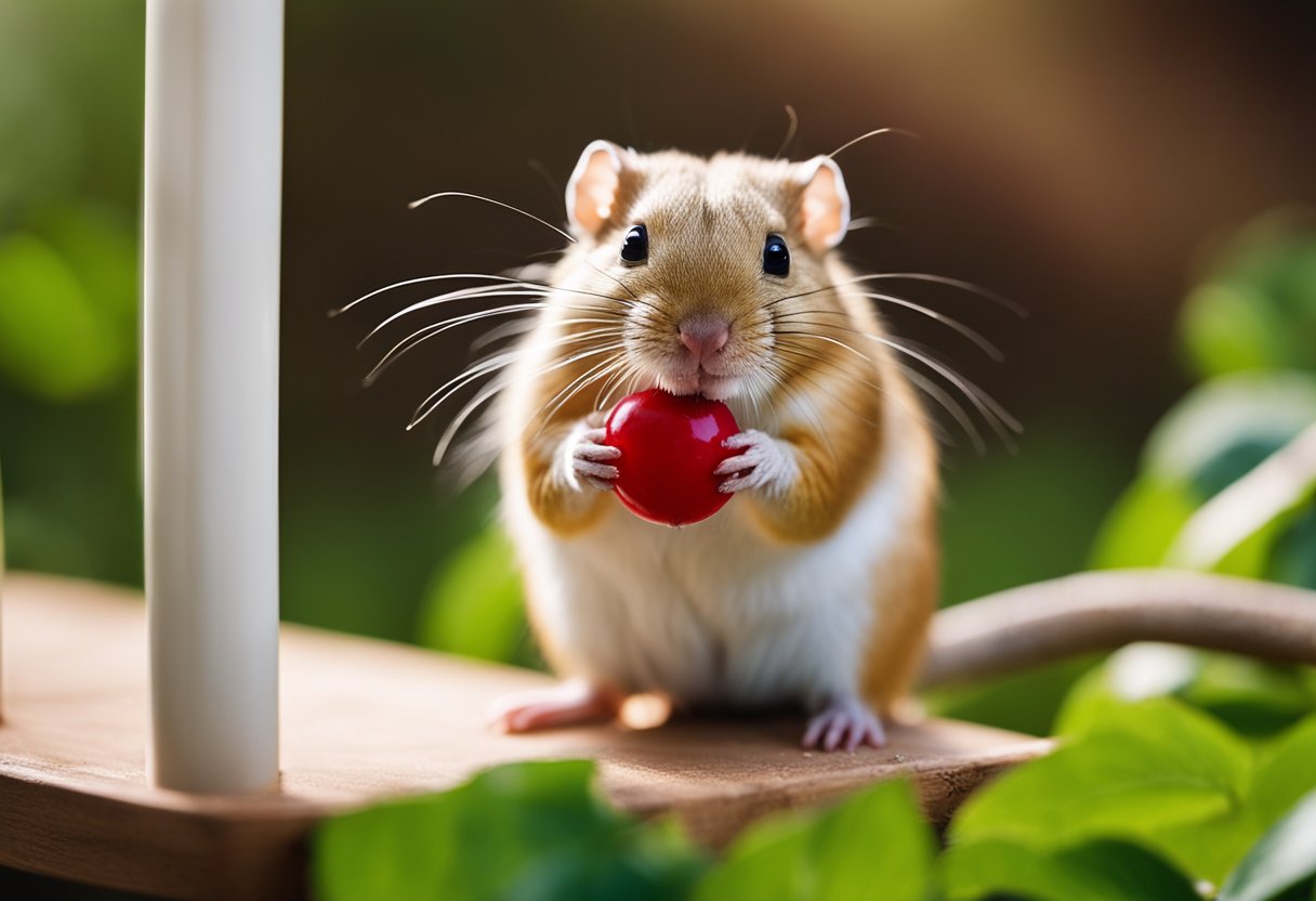 A gerbil sits in its cage, happily nibbling on a fresh cherry. A small dish of water is nearby, ensuring the gerbil stays hydrated while enjoying its treat