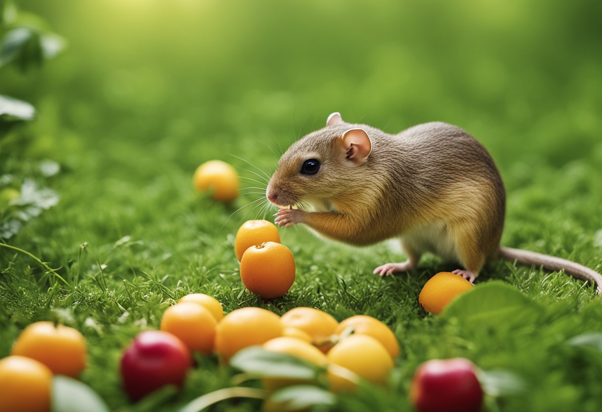 A gerbil nibbles on a cherry, surrounded by scattered fruit