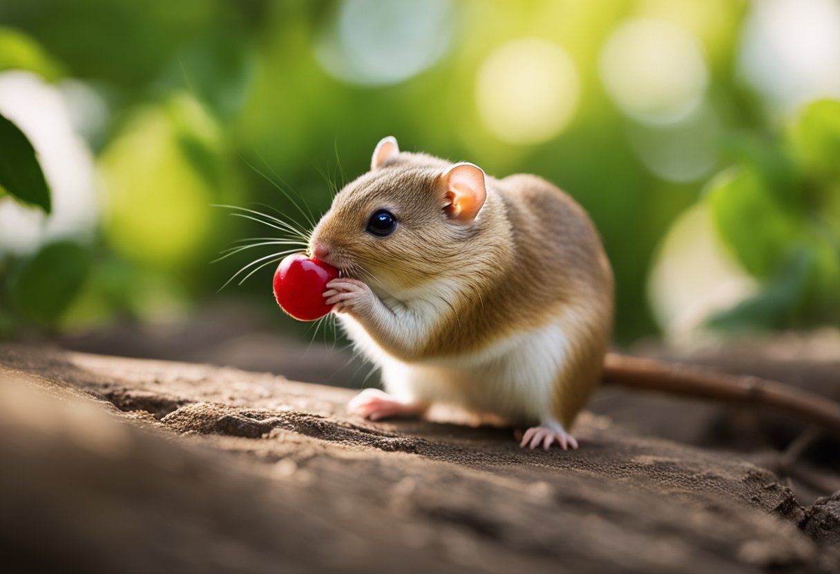 A gerbil eagerly nibbles on a juicy cherry, its tiny paws holding the fruit as it gnaws on the sweet flesh