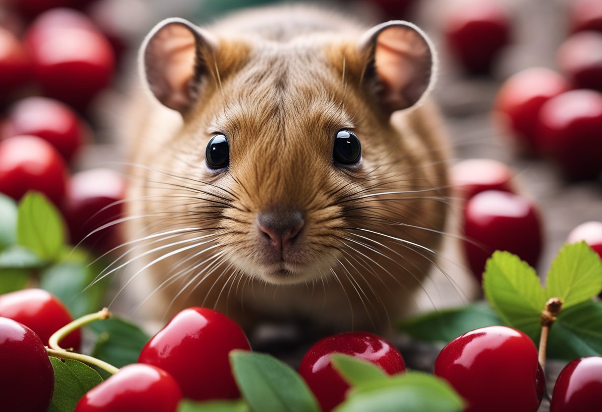 A gerbil cautiously sniffing a cherry, surrounded by question marks