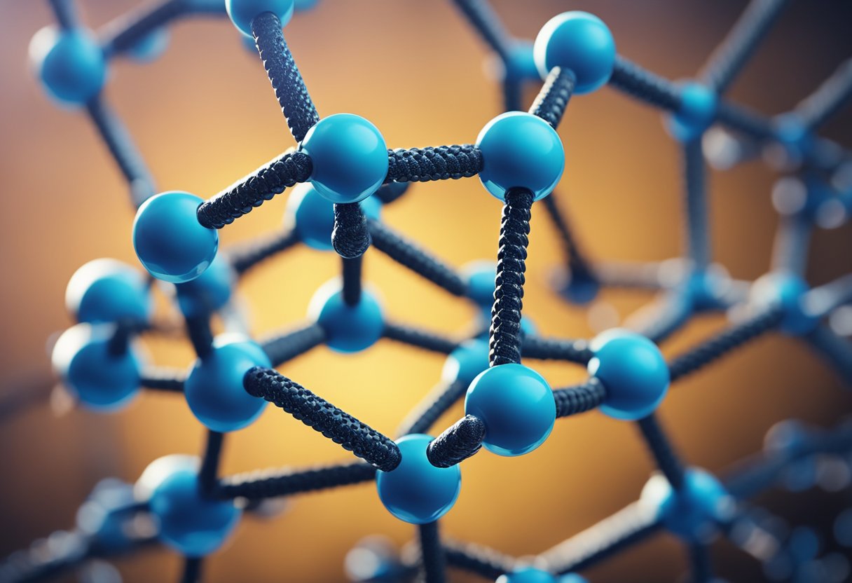 A carbon molecule with hexagonal structure and covalent bonds, surrounded by other carbon atoms in a diamond lattice