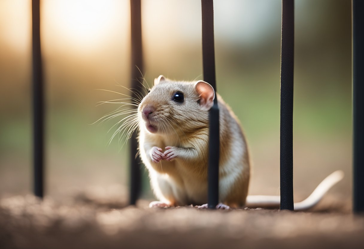 A lone gerbil sits in a cage, looking mournful after the death of its companion. The empty space next to it emphasizes its loneliness
