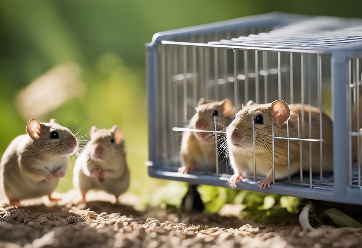 A group of gerbils interact in a spacious cage with tunnels, wheels, and hiding spots. One gerbil appears isolated, showing signs of distress after the loss of a companion