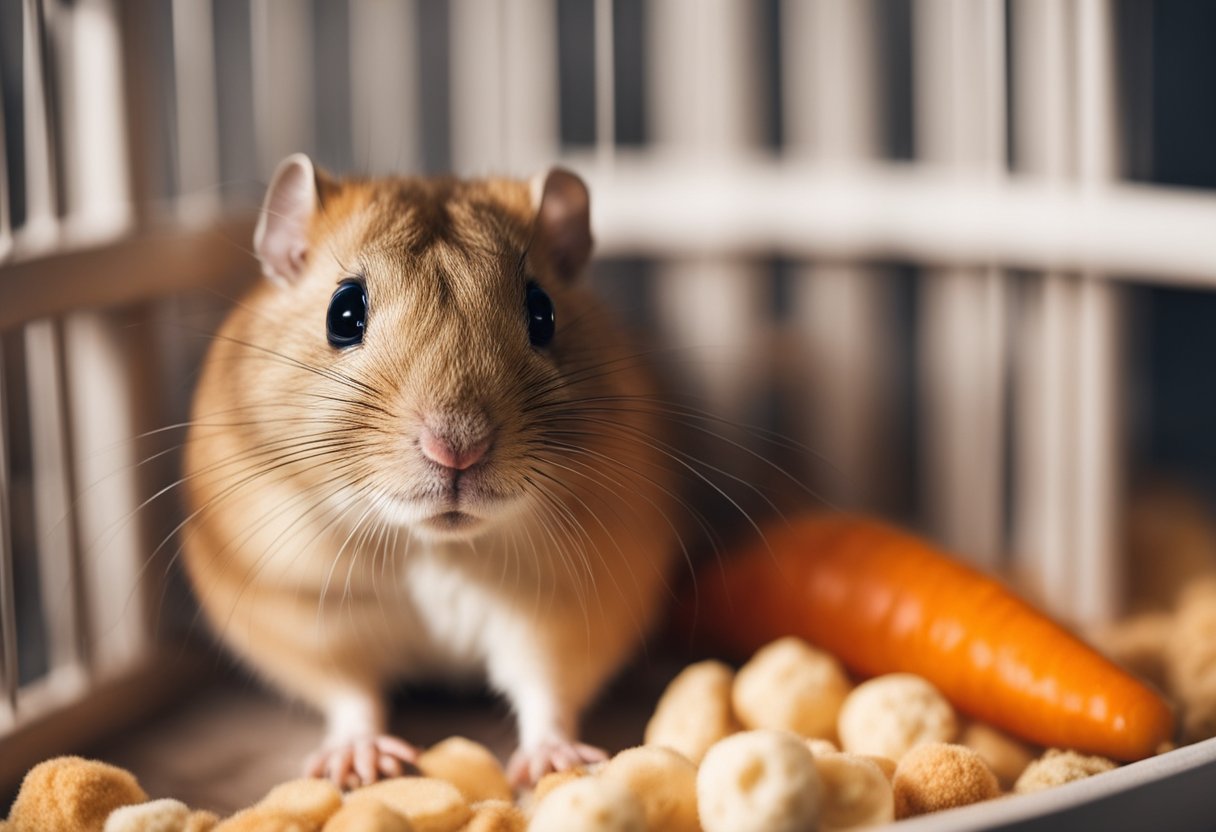 A solitary gerbil sits in a cozy cage, surrounded by soft bedding and chew toys. It nibbles on a fresh carrot and gazes out at the world with curious, bright eyes