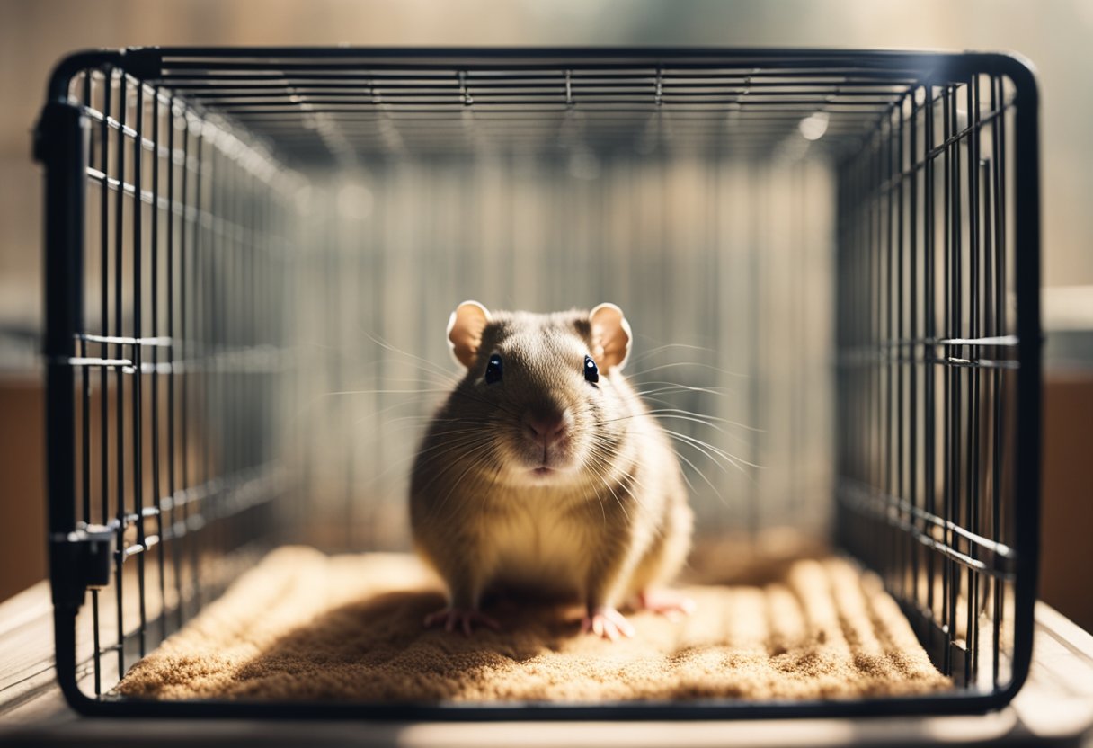 A single gerbil sits in its cage, looking out at the empty space where its companion used to be. The cage is filled with toys and bedding, but the gerbil looks lonely