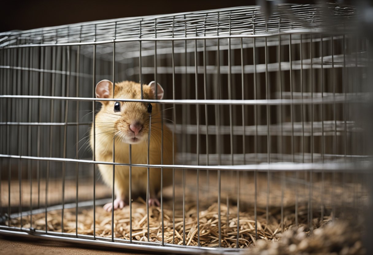 A single gerbil sits in a cage, looking lonely after its companion has passed away. Its small body hunched over, it gazes out with a sense of longing for companionship