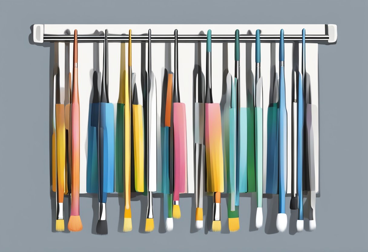 Clean brushes hang upside down on a rack to air dry. A towel is placed underneath to catch any excess water