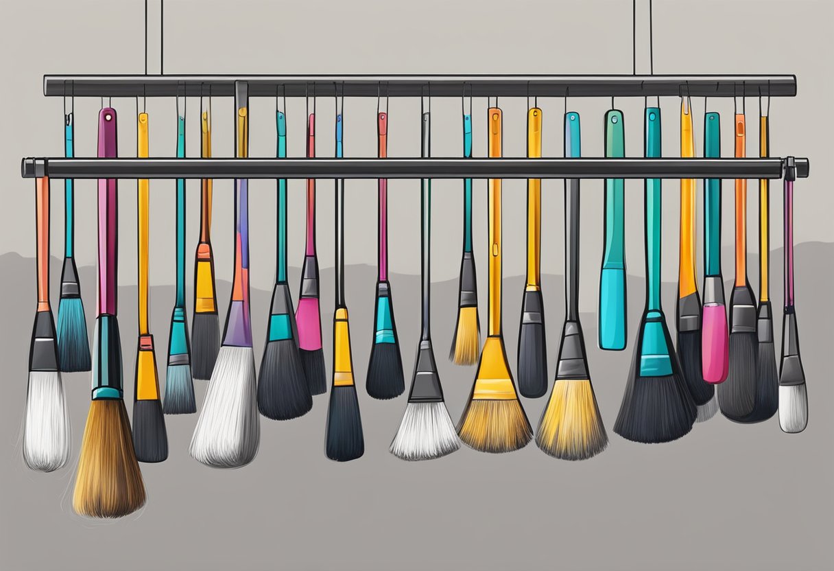 Clean brushes hang upside down on a drying rack