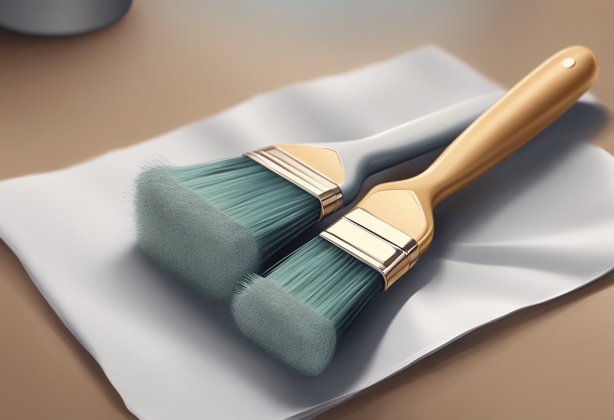 A clean brush lies flat on a paper towel, bristles pointed downward to air dry. Nearby, a brush holder stands ready to store the dry brushes