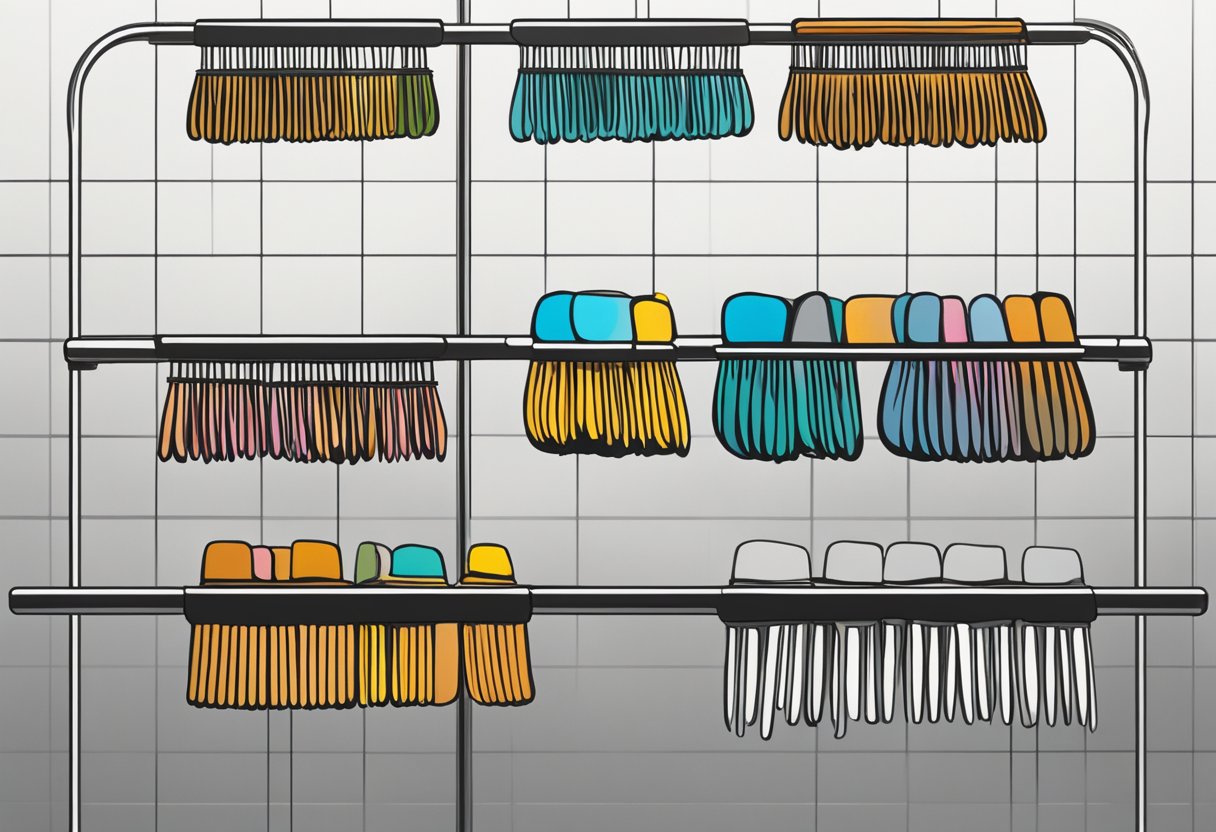 Brushes hang upside down on a drying rack, allowing excess water to drip off and air to circulate, preserving their shape and quality