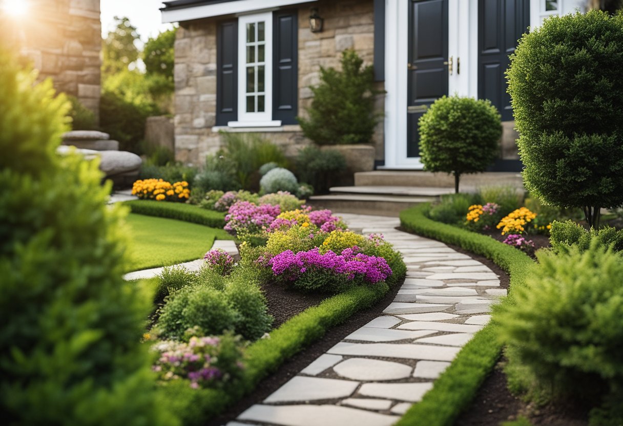 A small front yard with a neatly trimmed lawn, colorful flower beds, and a winding stone pathway leading to the front door. A few small bushes and potted plants add a touch of greenery to the space