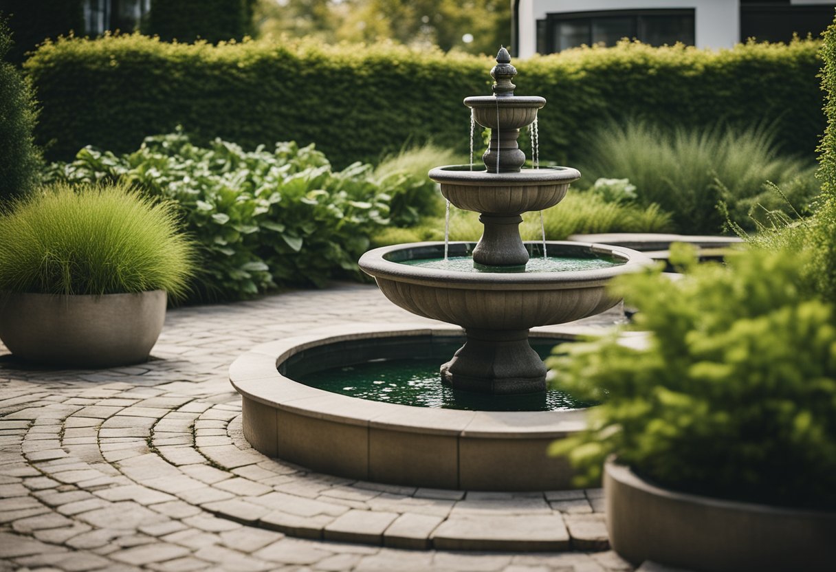 A neat front yard with symmetrical plant beds, a winding stone path, and a small fountain surrounded by low-maintenance greenery