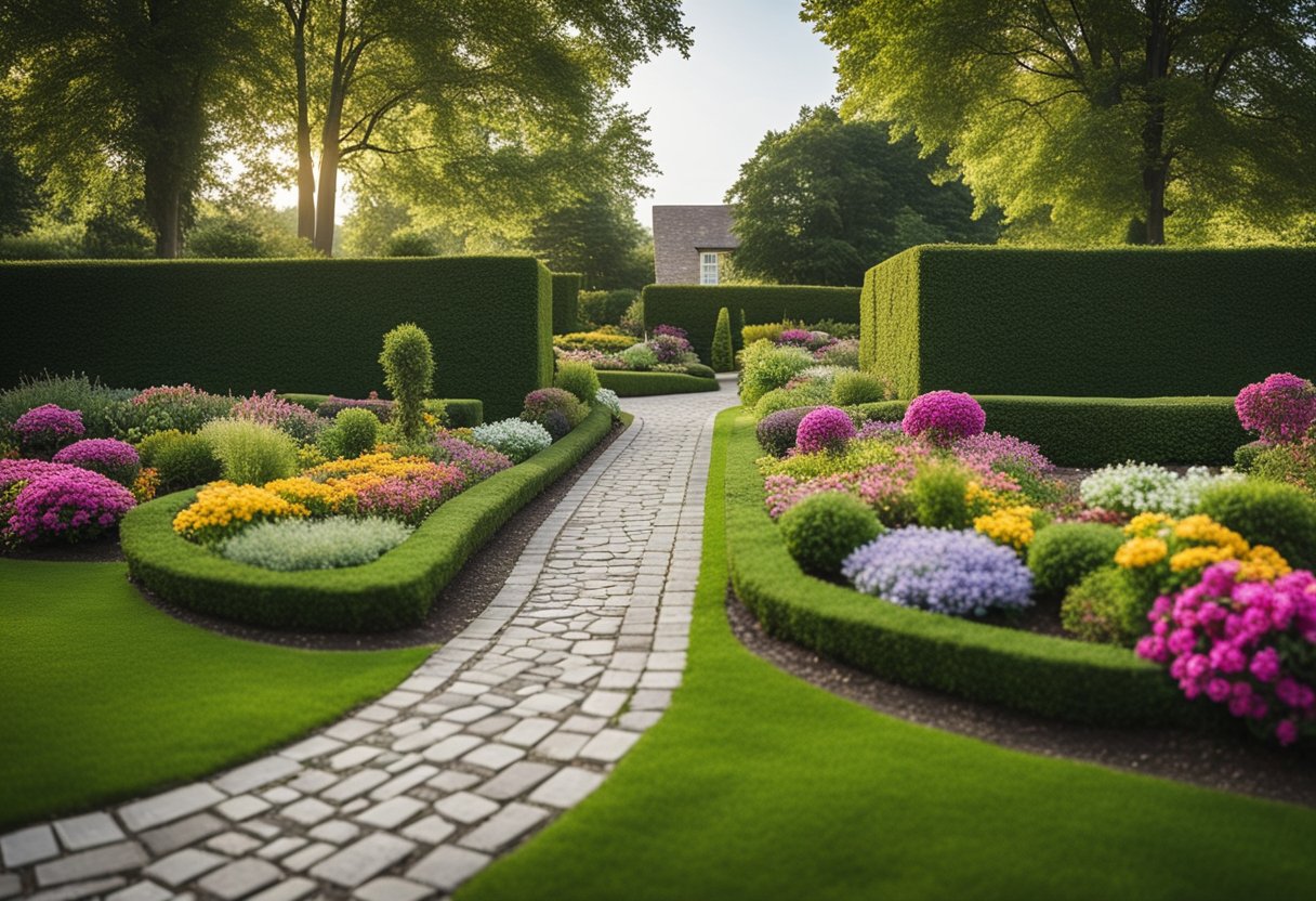 A small front yard with neatly trimmed hedges, a winding stone pathway, and a variety of colorful flowers and plants arranged in a symmetrical and aesthetically pleasing manner