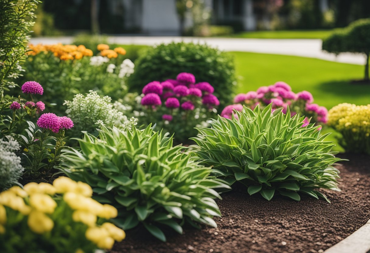 A variety of plants arranged in a simple and organized manner in a front yard, with a mix of flowers, shrubs, and small trees