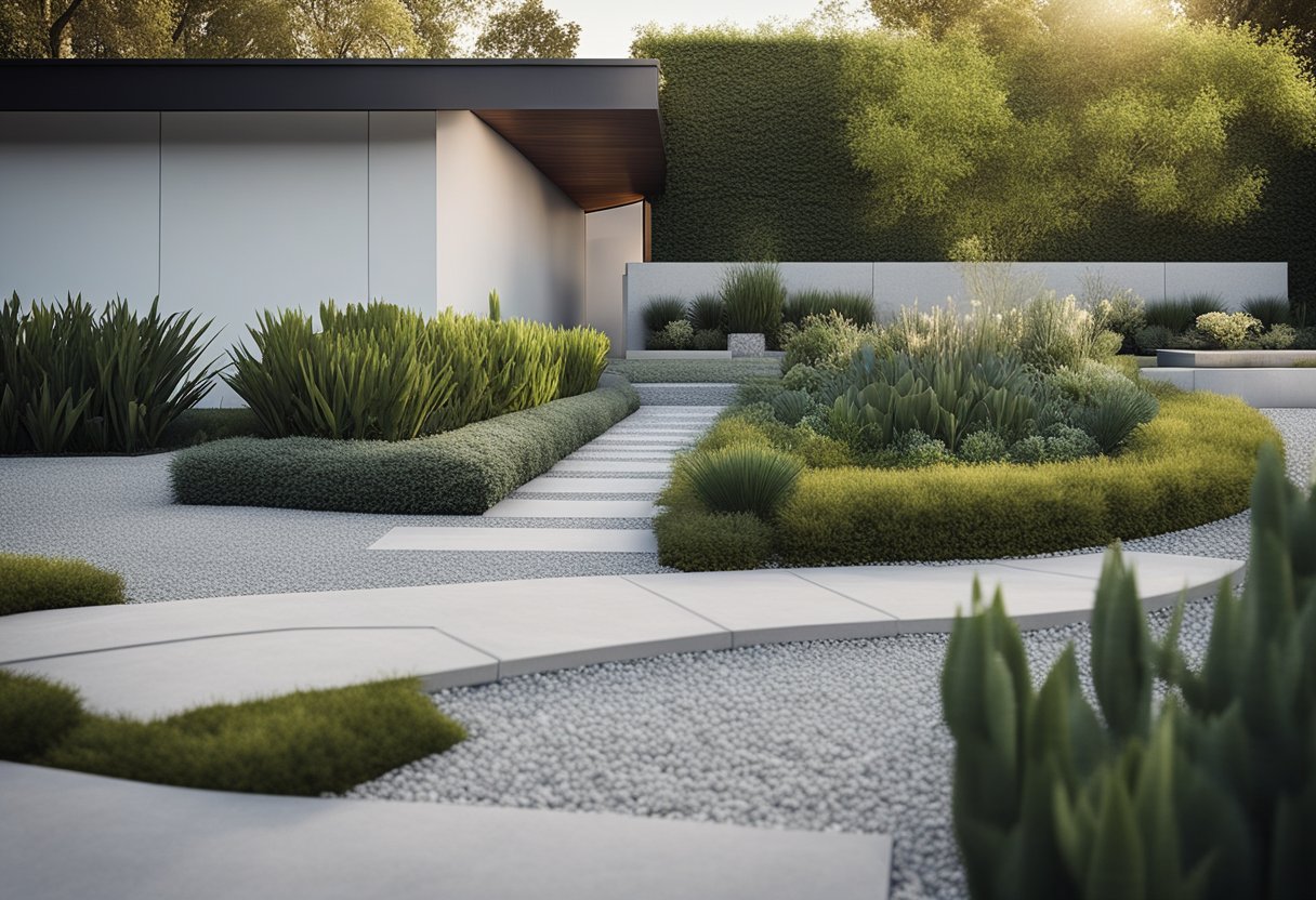 A front yard with clean lines, minimal plants, and modern hardscaping features like a paved walkway, stone retaining walls, and geometric planters