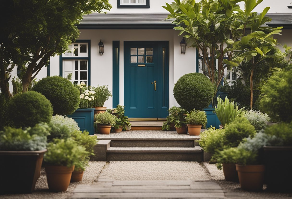 A well-lit front yard with potted plants, a small bench, and a pathway leading to the door