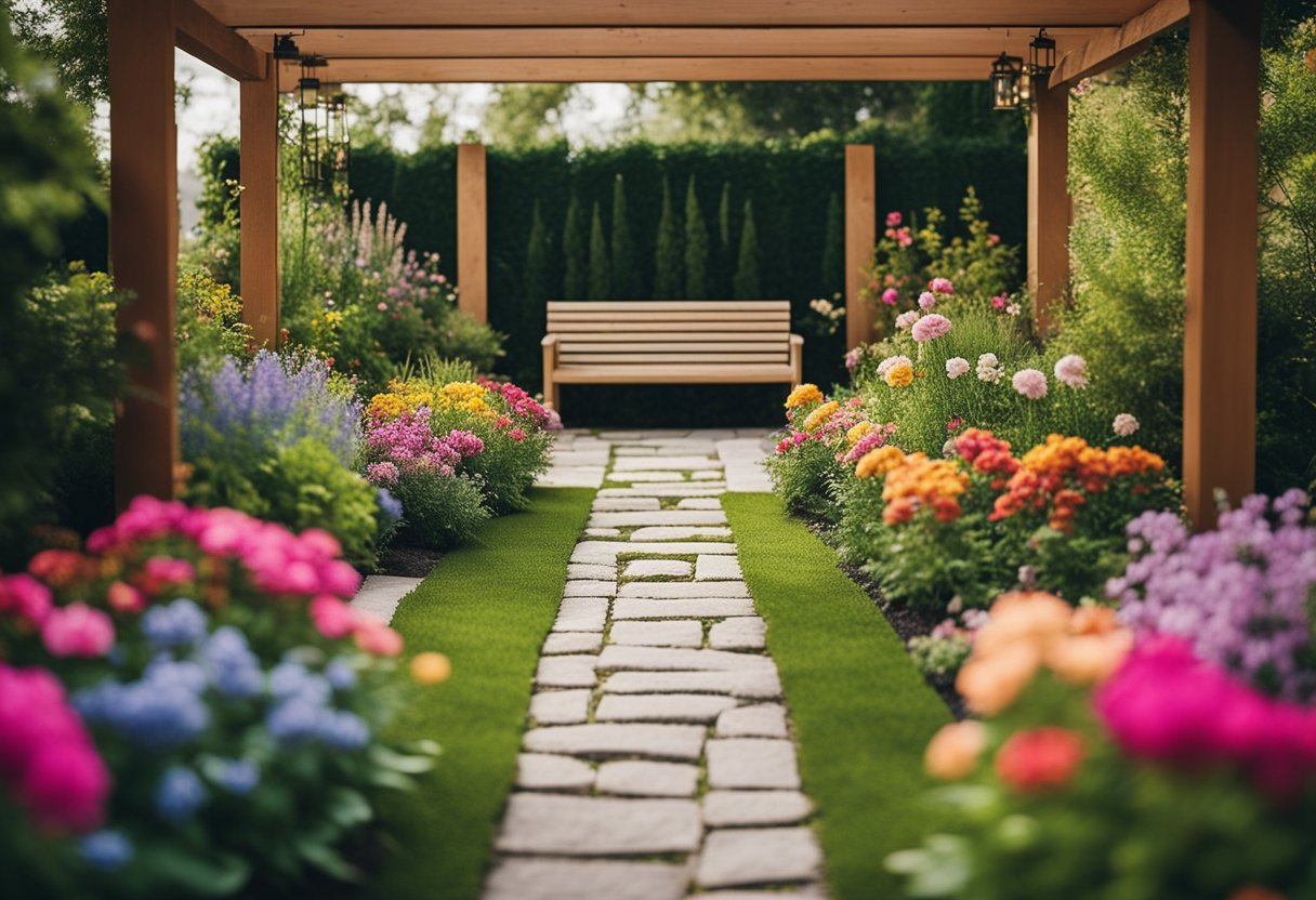 A small front yard with a neatly arranged garden bed, a pathway lined with colorful flowers, and a cozy seating area under a pergola