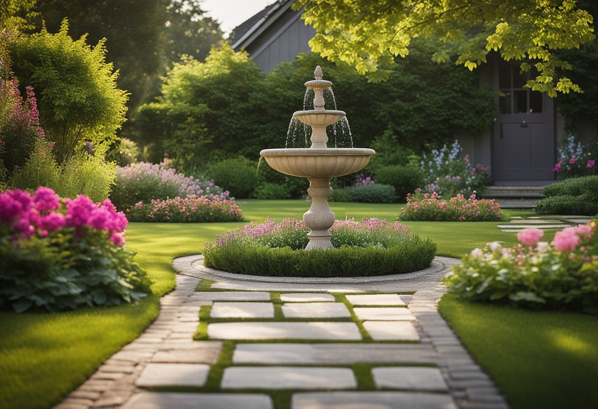 A neatly trimmed lawn with colorful flower beds and a stone pathway leading to the front door of a house. A small fountain or birdbath adds a touch of tranquility