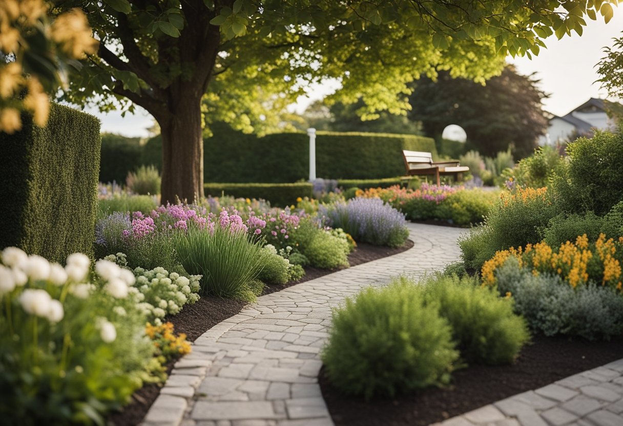 A neatly manicured front yard with a variety of low-maintenance plants and flowers, a small pathway leading to the entrance, and a tastefully placed outdoor seating area