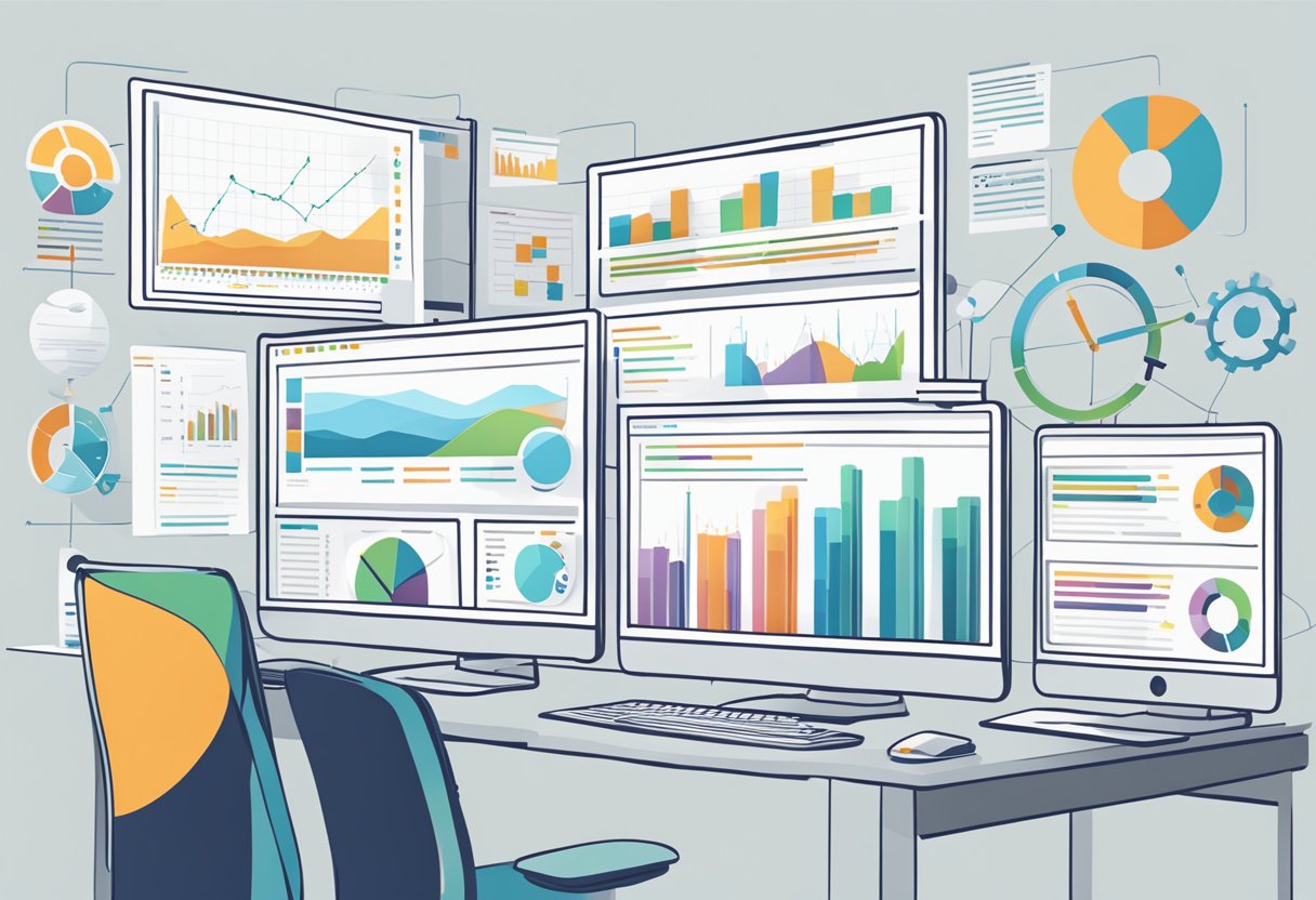 Multiple computer screens display various SEO tools. Charts, graphs, and data visualizations fill the screens, showing keyword rankings, backlink profiles, and website traffic metrics