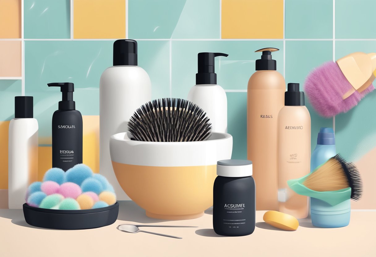 A brush soaking in a gentle cleansing solution, surrounded by various hair care products and tools