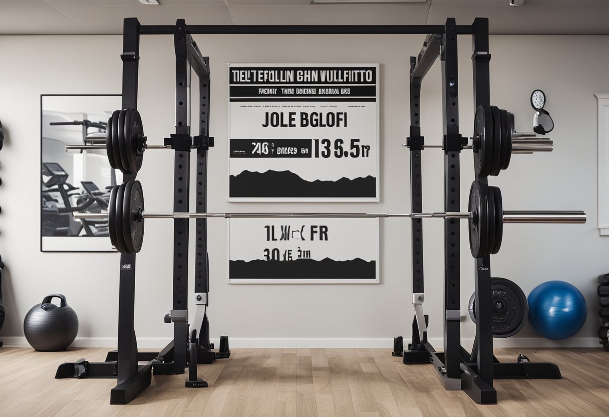 A weightlifting bar loaded with plates, surrounded by gym equipment, with a motivational poster on the wall