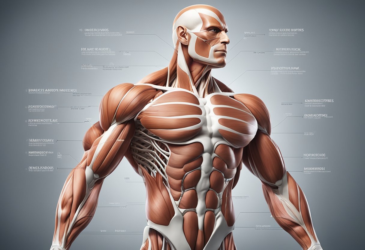 A detailed illustration of muscle anatomy, showing muscle groups and their connections, with a focus on building muscle