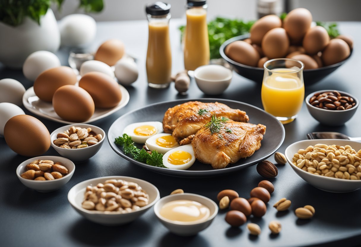 A table filled with protein-rich foods like chicken, eggs, and nuts, accompanied by dumbbells and a protein shake