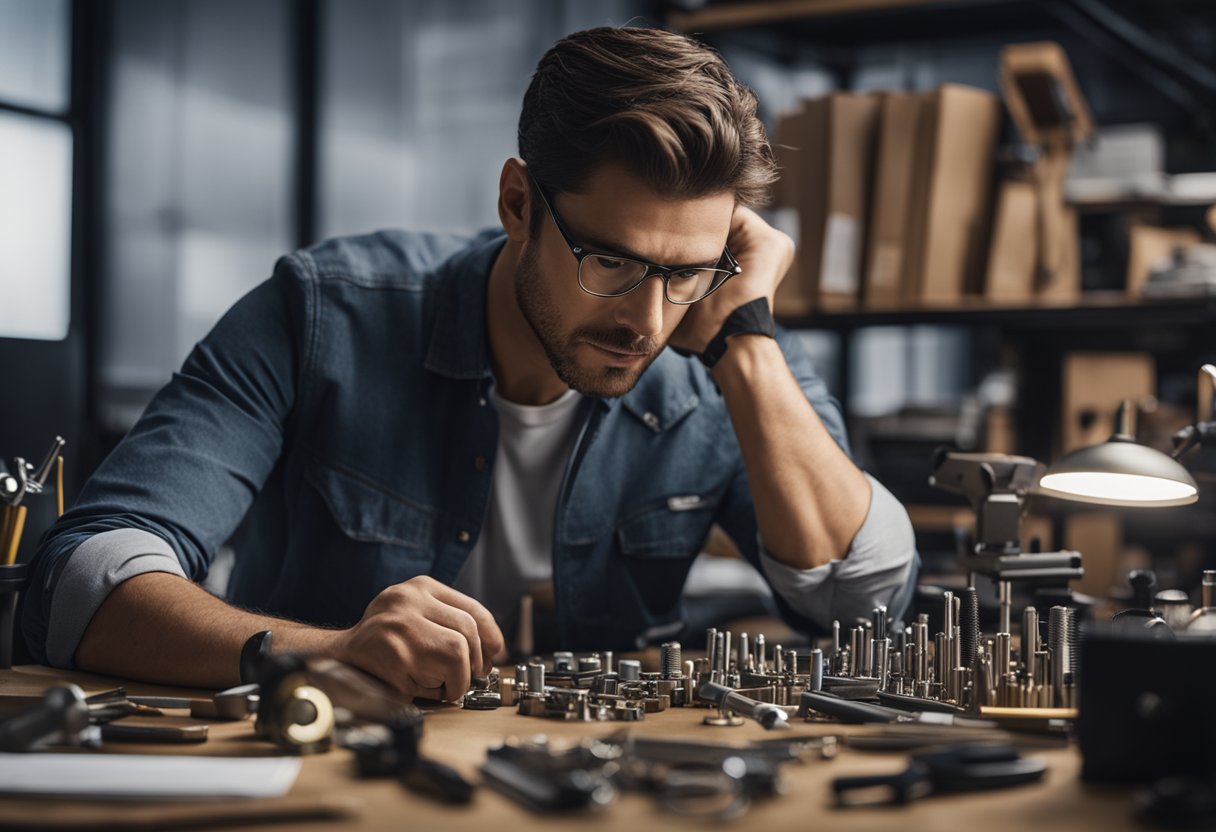 A person sitting at a desk, surrounded by various tools and resources, deep in thought, with a focused and determined expression on their face