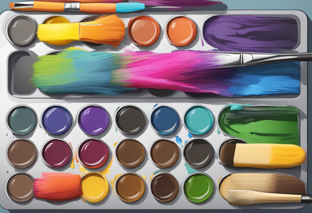 Multiple paint brushes on a clean palette, each with its own color. No brushes touching or mixing colors