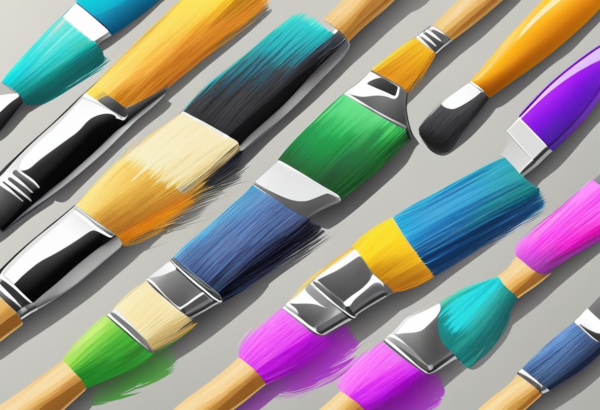 Multiple brushes, each with a different color, arranged on a clean palette. A hand reaches for a brush, ensuring it matches the intended color