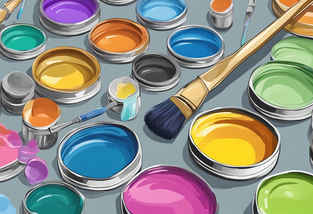 Multiple brushes arranged on a clean palette, each with a different color of paint. A separate container for rinsing brushes, and clear labeling for each brush to avoid mixing colors