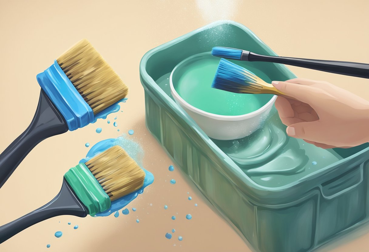 A brush is being gently scrubbed with solvent to remove dried paint, while another brush is being soaked in warm soapy water