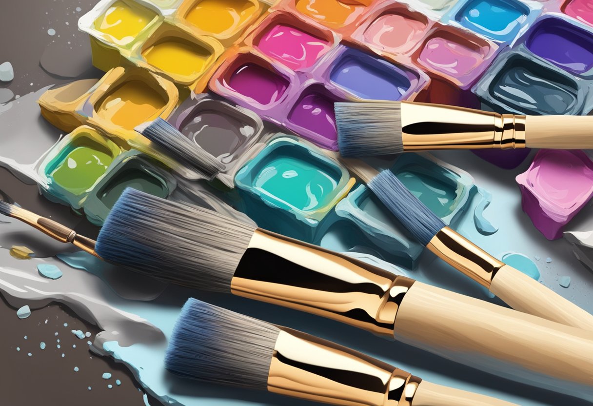 Dried paint on brushes is removed by soaking in solvent, scrubbing with a brush cleaner, and reshaping bristles