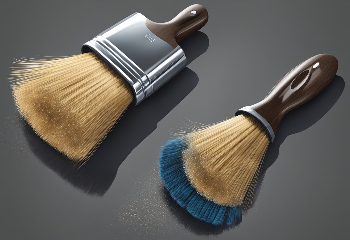 Brushes soaked in solvent, bristles scrubbed with a brush cleaner, and rinsed under warm water. Bristles reshaped and left to air dry