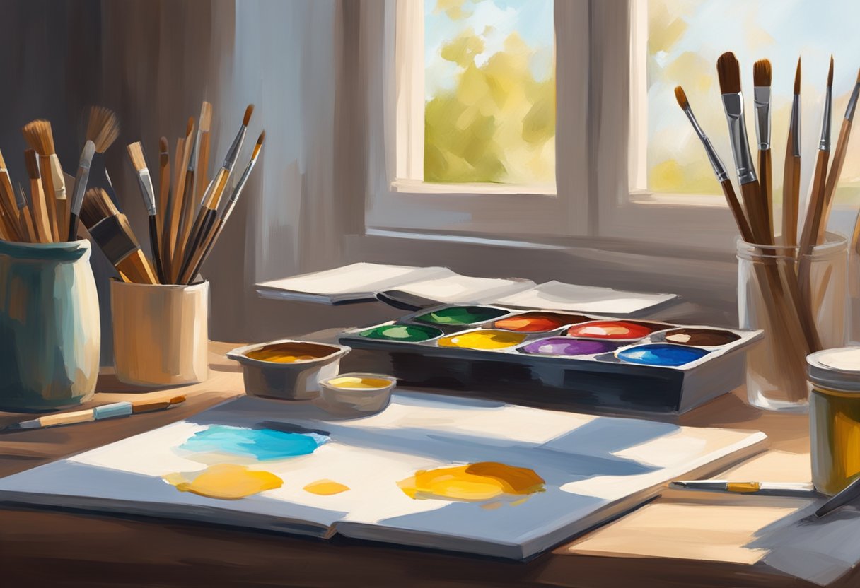 A table with oil paints, brushes, palette, and canvas. Natural light illuminates the workspace. A book on oil painting techniques lies open nearby