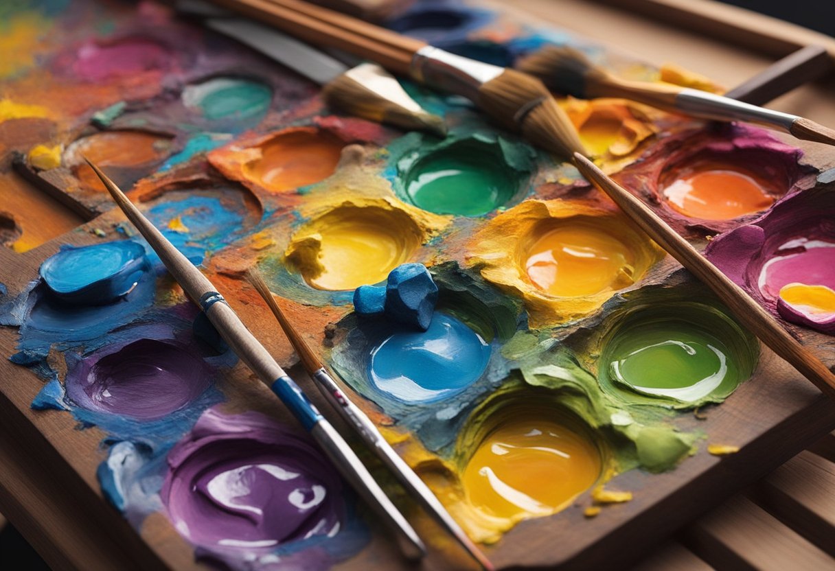 A palette of vibrant oil paints sits on a wooden easel. A brush loaded with thick, textured pigment sweeps across the canvas, creating dynamic brushstrokes and blending colors seamlessly