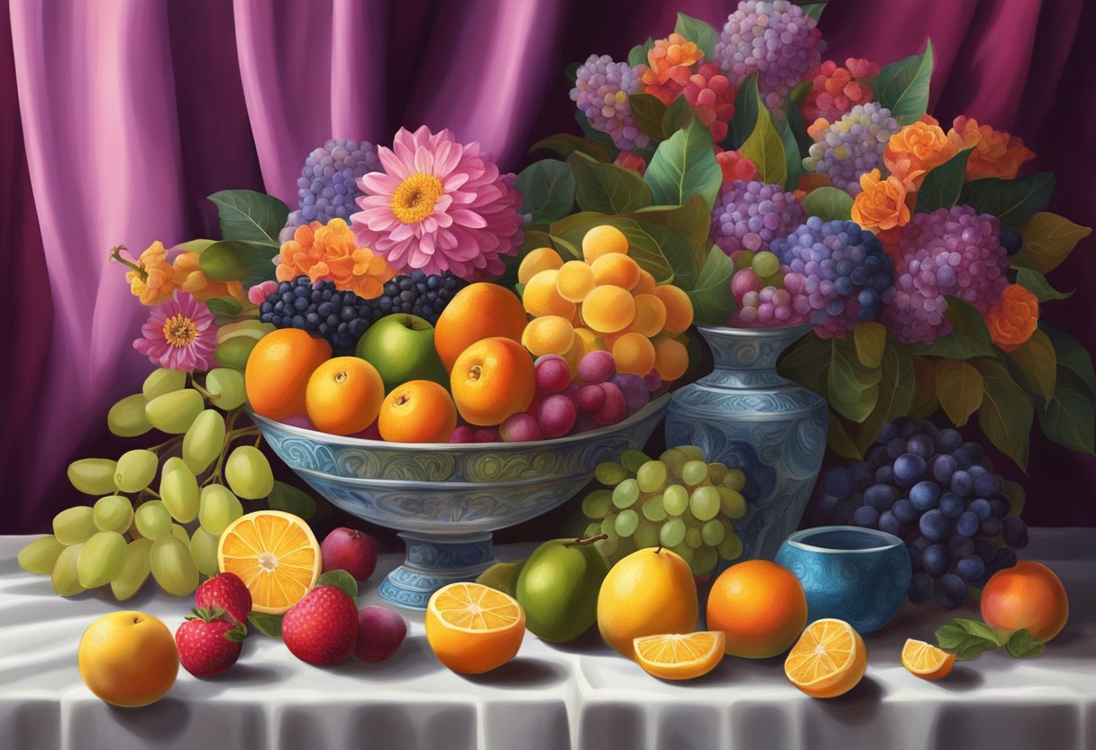 A vibrant still life of a carefully arranged array of colorful fruits and flowers, set against a backdrop of rich, textured fabrics and illuminated by natural light