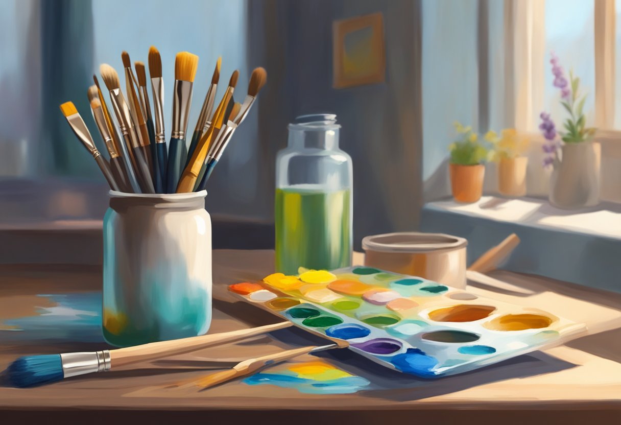 A palette of oil paints and brushes laid out on a clean, well-lit workspace. A jar of turpentine and a cloth for cleaning brushes nearby