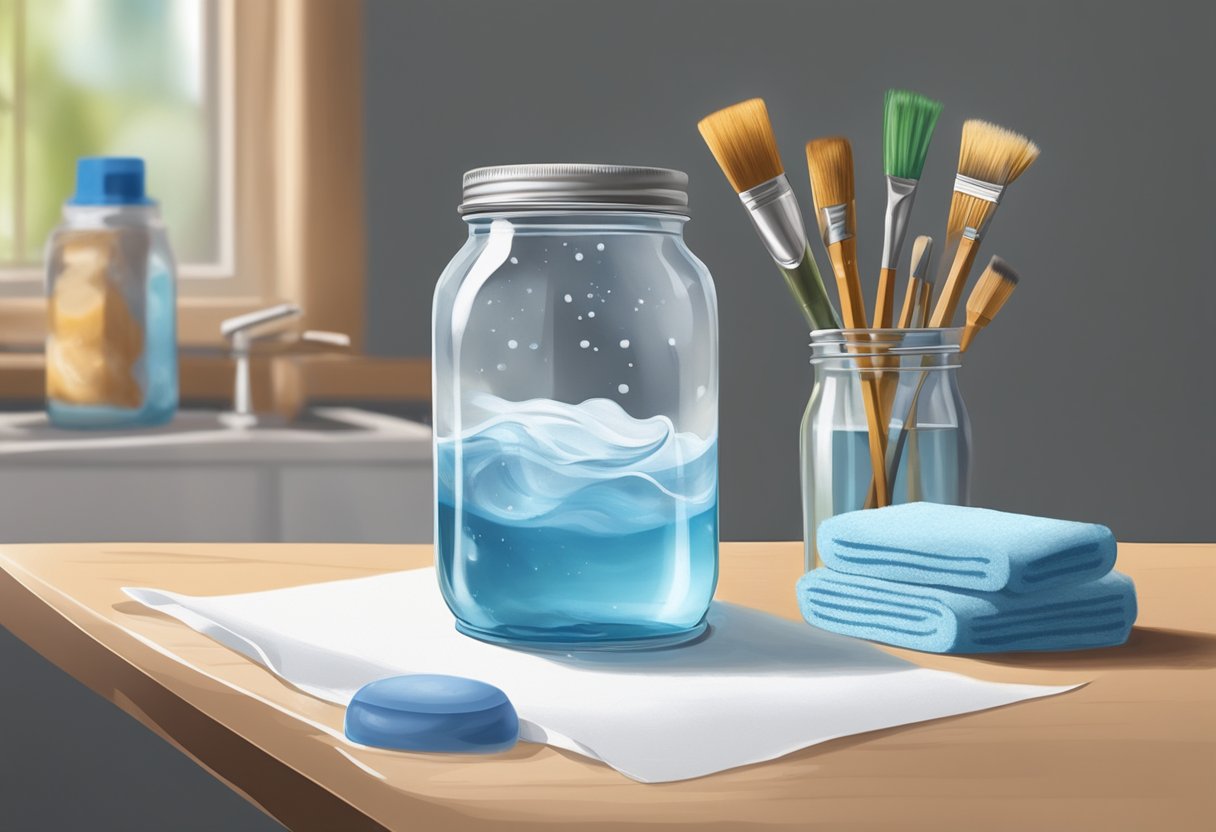 A jar of water with soap, a brush cleaning pad, and paper towels on a table. Used paintbrushes being swirled in the soapy water and then dried on the paper towels