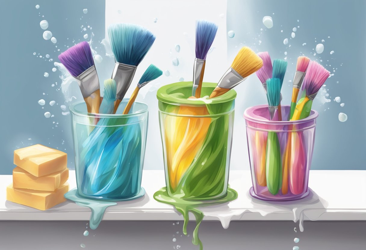 Paintbrushes being rinsed under running water, then gently swirled in a container of mild soap. Finally, they are rinsed again and left to air dry on a clean towel
