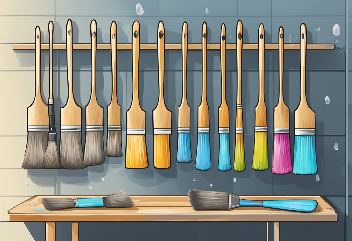 Paintbrushes being cleaned with water and soap, then left to air dry on a rack or hung with bristles facing down for proper storage