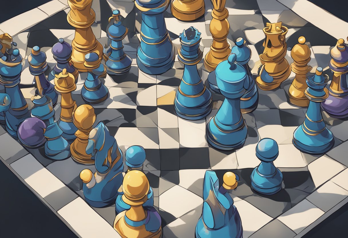 A chess board with strategic pieces arranged for battle