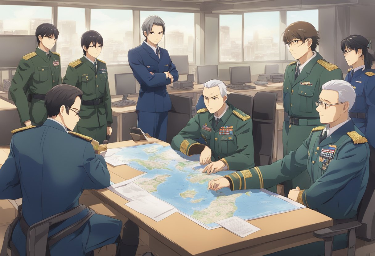 A military leader strategizing on a map, planning tactics for a civilian career transition