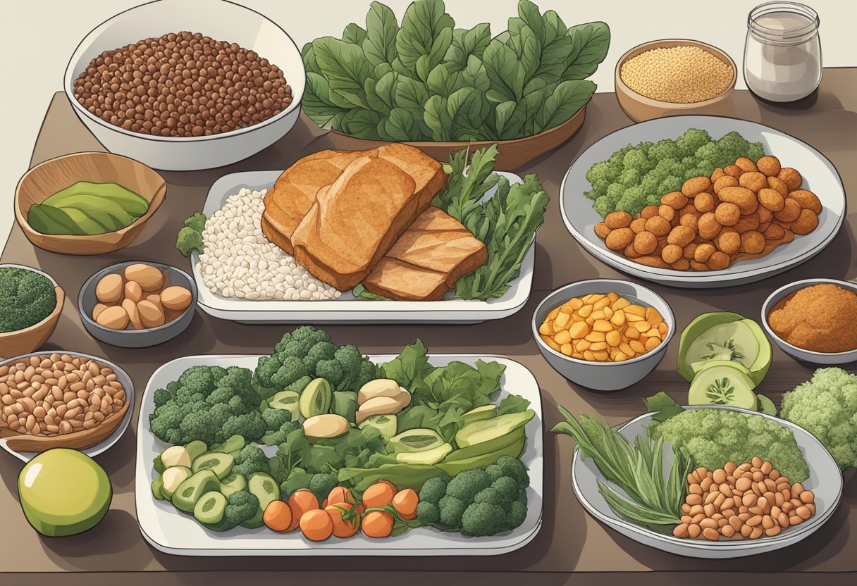 A table with a variety of plant-based high protein foods next to animal-based options