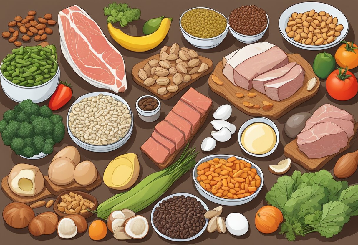 A variety of high protein foods arranged on a table, including meat, fish, eggs, dairy, legumes, nuts, and seeds. Bright, fresh produce is also present to represent a balanced diet
