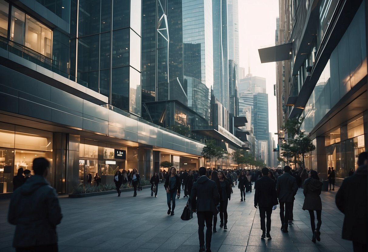 A bustling city street with futuristic buildings and innovative technology being used by people