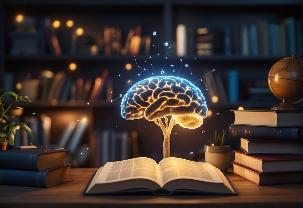 A cozy study room with language learning materials and a brain with glowing neurons, symbolizing the importance of language learning on brain development
